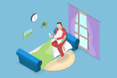 Akıllı Telefonla Uyanmanın 3 boyutlu Isometric Düz Vektör İlülasyonu, Bir Gadget ile Yatakta Rahatlayan Adam