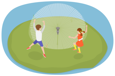 3D Isometric Flat Otomatik Fıskiye Sistemi Kavramsal İllüstrasyonu, Sulama Çimenindeki Mutlu Çocuklar