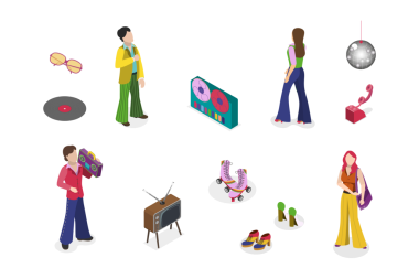 Moda tarihinin 3 boyutlu Isometric Flat Kavramsal İllüstrasyonu, 1970 'lerin Tasarım Elementleri