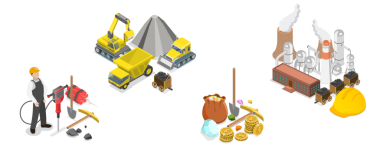 3D Isometric Madencilik, Çıkarma Makinesi ve Taşımacılık Kavramsal Resimleri