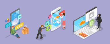 E-ticarette Veri Güvenliğinin 3D Isometric Düz Vektör İllüstrasyonu, Çevrimiçi Alışveriş AI