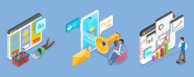 ROI, AI Teknolojileri ve Mali Gelir Stratejisinin 3D Isometric Flat Vektör İllüstrasyonu