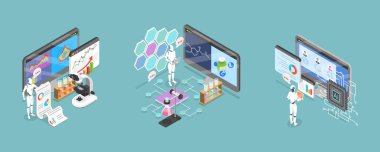 Yapay Zeka Teknolojisi Devrimi ve Geliştirmesi Yapay Zeka Araştırması 'nın 3D Isometric Düz Vektör İlülasyonu