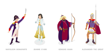 3D Isometric Tarihi İnsanlar Seti, Napolyon Bonapart, Jeanne dArc, Cengiz Han, Büyük İskender