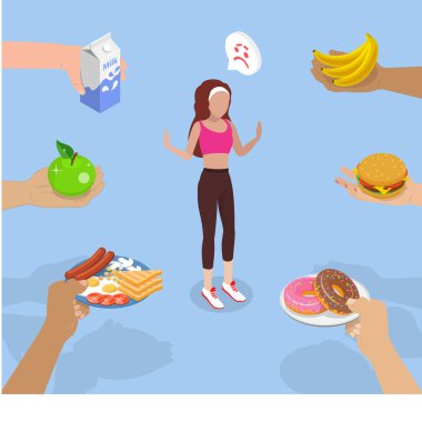 3D Isometric Düz Vektör Anoreksiya veya Bulimia, Kadın Yiyecekleri Reddediyor