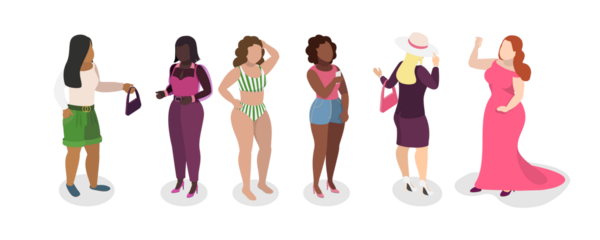 3D Isometric Flat Set of Plus Syle Girls, Kıvrımlı Şekilli Güzel Tombul Kadınlar