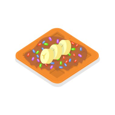 3 Boyutlu Ev Yapımı Pastası İsometrik Düz Vektör İllüstrasyonu, Taze Böğürtlen, Krema ve Icecream ile Belçika Waffle 'ları. Madde 2