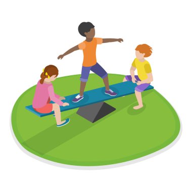 Dışarıda oynayan Aktif Sağlıklı Çocukluğun Üç Boyutlu İsometrik Düz Vektör İllüstrasyonu. Madde 1