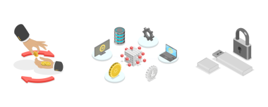 DeFi Yerel Finans, Engelleme Teknolojisi 3D Isometric Flat Illustration of DeFi