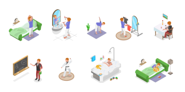 Schoolchild Günlük Programının 3D Isometric Düz Çizimi, Günlük Etkinliklerle Çocuk Yaşamı