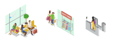3D Isometric Havalimanı Sahneleri, Otomatik Sınır Kontrolü, Bekleme Alanı, Ücretsiz Alışveriş Alanı