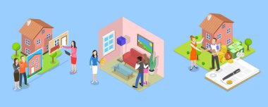3 Boyutlu Isometric Flat Vektör Resimleri Emlak Ajansı Servisi, Emlak Satın Alma