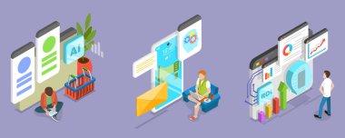 3D Isometric Pazarlama ve AI Teknolojileri Flat Vektör İllüstrasyonu, Yatırıma Dönüş