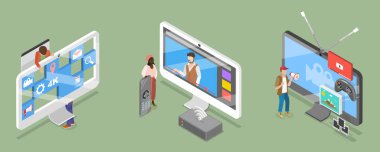 3D Isometric Video Servislerinin Düz Vektör İllüstrasyonu, TV İzleme