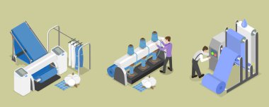 Tekstil Üretimi, Makine ve Ekipmanların 3B Isometric Düz Vektörü ResmiComment