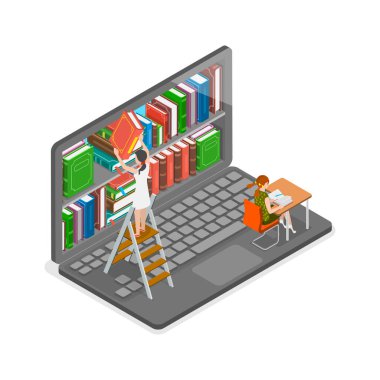 Elektronik Kütüphane 'nin 3D Isometric Düz Vektör İllüstrasyonu, E-Öğrenme Online. Madde 3