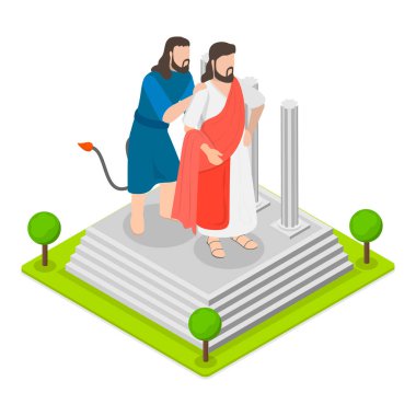 İsa 'nın Şeytan Tarafından Ayartılan 3D Isometric Düz Vektör İllüstrasyonu, İncil Sahneleri. Madde 1