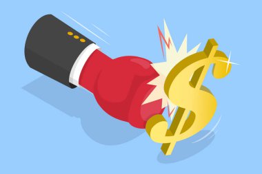 3 Boyutlu Isometric Düz Vektör Dolarsızlaştırma İllüstrasyonu, Boks Eldiveni Yumruklayan İşadamı Dolar İşareti