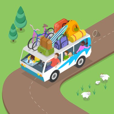 Mutlu Aile Gezisi, Kamp ve Yolda Macera 'nın 3D Isometric Flat Vektör İlülasyonu