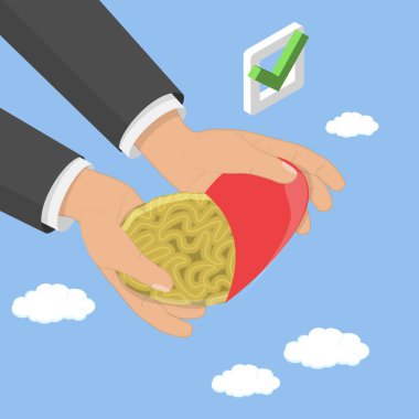 3D Isometric Düz Vektör Kalp ve MInd Uyum, Mantık ve Hissetme Dengesi