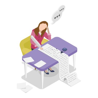 Yazarların veya şairlerin 3D Isometric Flat Vektör İllüstrasyonu, Hobi veya Meslek Olarak Edebiyat. Madde 1