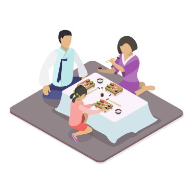 3 Boyutlu Isometric Düz Vektör İllüstrasyon Kore veya Japon Yemekleri, Çevirisi Doğu Mutfağı. Madde 3