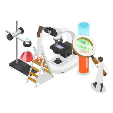 Genetik DNA Bilimi, Gen Mühendisleri ve Şifre Çözme Teknolojileri 'nin 3D Isometric Düz Vektör İlülasyonu. Madde 3