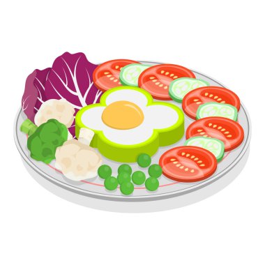 Üç boyutlu Isometric Düz Vejetaryen Tabaklar, Taze, Doğal ve Sağlıklı Yiyecekler. Madde 3