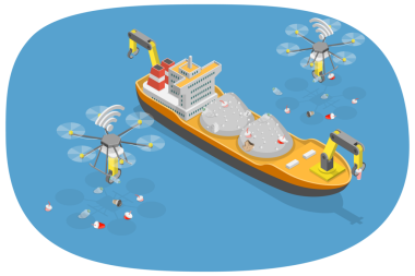 Çöp Koleksiyonu, Durgun Deniz veya Okyanus İçin Otonom Teknolojinin 3D Isometric Düz Çizimi