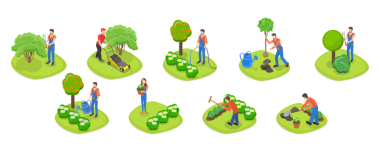 3 Boyutlu Isometric Bahçe Aletleri ve İnsanlar, Peyzaj Tasarımcıları ve Tarım Ekipmanları