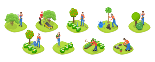 3 Boyutlu Isometric Bahçe Aletleri ve İnsanlar, Peyzaj Tasarımcıları ve Tarım Ekipmanları