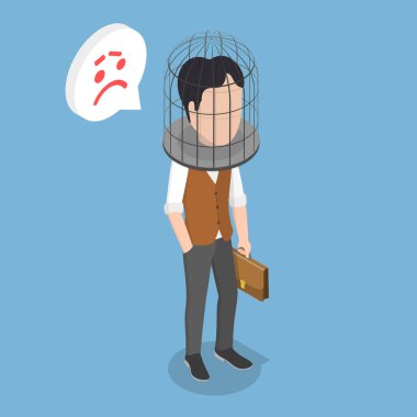 Hapisteki Beynin Üç Boyutlu İsometrik Düz Vektör İllüstrasyonu, Durgun Yaratıcılık, Korku ve Önyargı