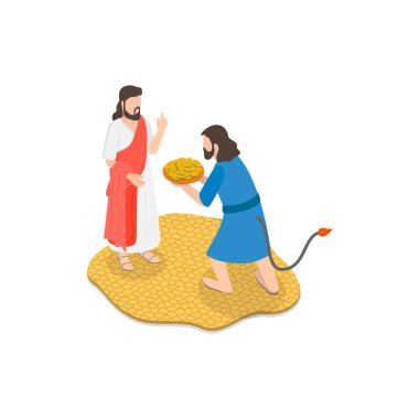 İsa 'nın Şeytan Tarafından Ayartılan 3D Isometric Düz Vektör İllüstrasyonu, İncil Sahneleri. Madde 3