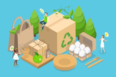 3B Isometric Düz Vektör Geri Dönüşümlü Sürdürülebilir Paketleme, Biyolojik Çözülebilir Malzemeler
