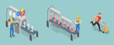 3 Boyutlu Isometric Yumuşak İçeceklerin Üretimi, Meyve Suyu Fabrikası İşleme ve Paketleme Hattı İllüstrasyonu