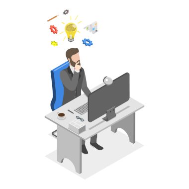 Fikir Üretiminin 3 boyutlu Fikirli Düz Vektör İllüstrasyonu, Problem Çözme. Madde 1