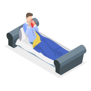 Çeşitli Sağlıksız İnsanlar 'ın 3D Isometric Düz Vektör İllüstrasyonu, Charecters grip ve öksürük ve hapşırık ile acı çekiyor. Madde 4