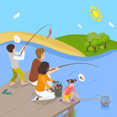 3 Boyutlu Isometric Düz Vektör Balık Tutmanın Zevkli İllüstrasyonu, Mutlu Aile Eğleniyor