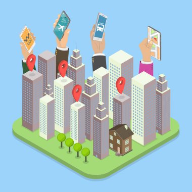 Akıllı Şehir Ulaşım ve Teknoloji IOT 'unun 3D Isometric Düz Vektör İllüstrasyonu
