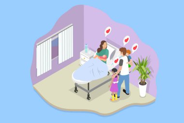 Perinatal Merkezi, Hamilelik ve Emzirme Konsepti 3B Isometric Düz Vektör İllüstrasyonu