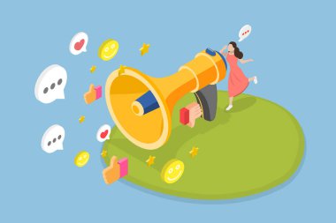 Halkla İlişkiler ve Pazarlama Stratejisinin 3B Isometric Düz Vektör İllüstrasyonu