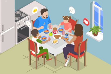 3D Isometric Flat Illustration of Breakfast, Neşeli Aile Yemeğini Paylaşım Konforu