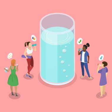 3 Boyutlu Isometric Saf Suyun Genel Sağlık İçin Saf Su Tüketmenin Sağlıklı Oluşumunun İllüstrasyonu