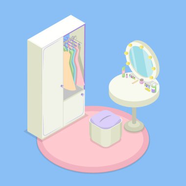 3D Isometric Ev Organizasyonu Vektör İllüstrasyonu, Modern Gardırop ve Giyinme Masası Tasarımı