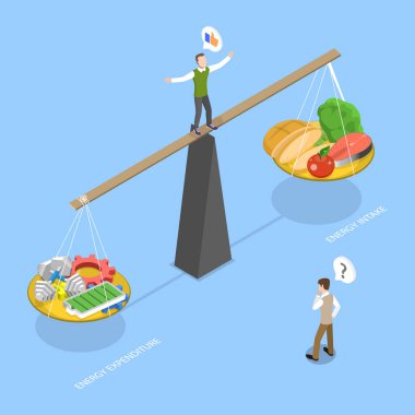Günlük Kalori Alımı ve Harcamaları yoluyla Enerji Dengesi Diyagram İllüstrasyonunun 3B Isometric Düz Vektör İlülasyonu