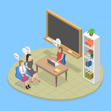 3D Isometric Okul Müdürü İllüstrasyonu Anne ve Baba, Öğretmen ve Veli Toplantısı