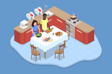 3D Isometric Düz Vektör İllüstrasyonu Birlikte Yemek Pişirmenin, Karı ve Kocanın Yemek Hazırlamasının