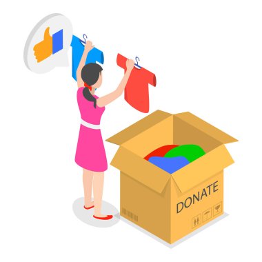 Üç boyutlu Isometric Flat Vektör Geri Dönüşüm ve Bağış Yapımı, Hayır Kurumu 'na Kıyafet Bağışlama. Madde 1