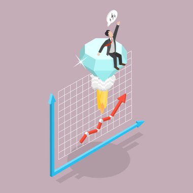 3D Isometric Düz Vektör İllüzyonu Elmas Fiyat Yükselen Gökyüzü Yükselişi, Elmas Sembolü ile süslenmiş Balon Zarifçe Yükseldi