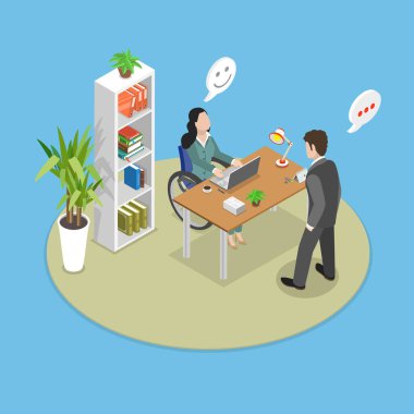 Çeşitli İnsanlar Grubu 'nun 3B Isometric Düz Vektör İllüstrasyonu, İşyeri İçerme